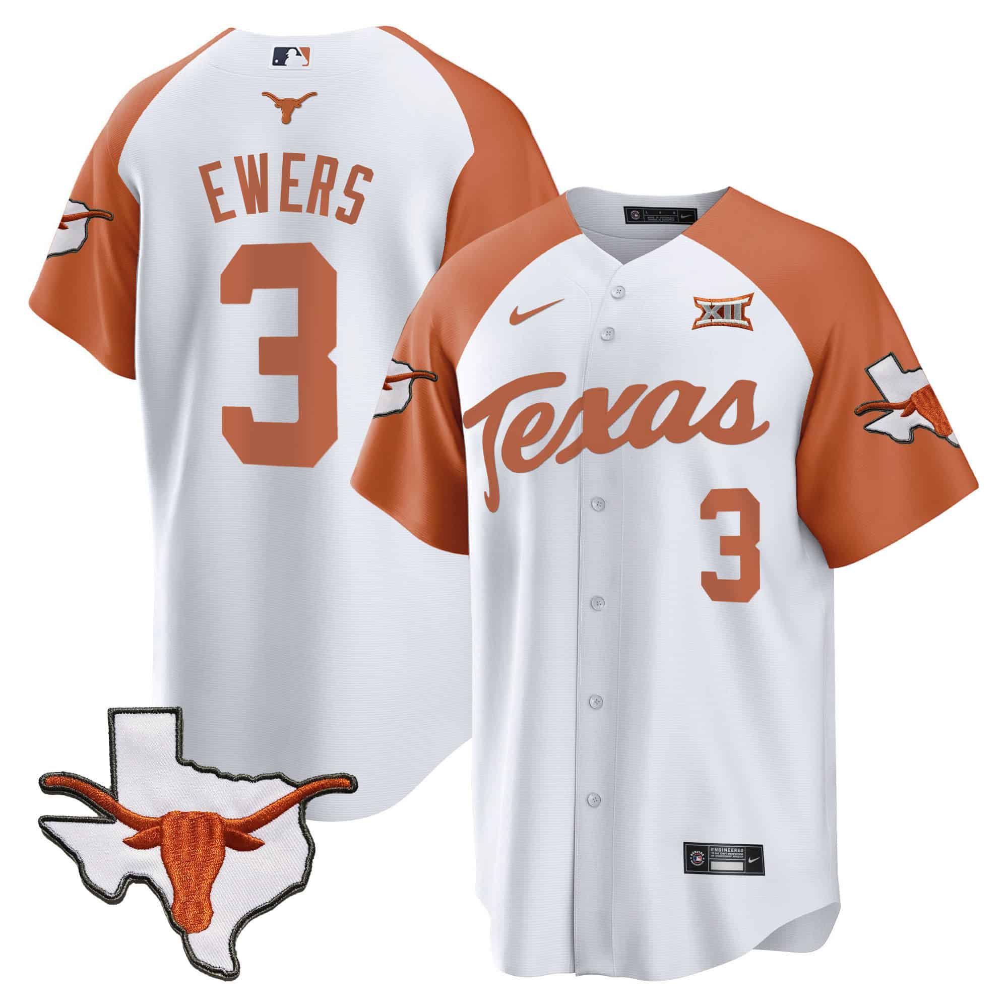 Men Texas Longhorns #3 Ewers White 2024 Baseball NCAA Jersey style 2